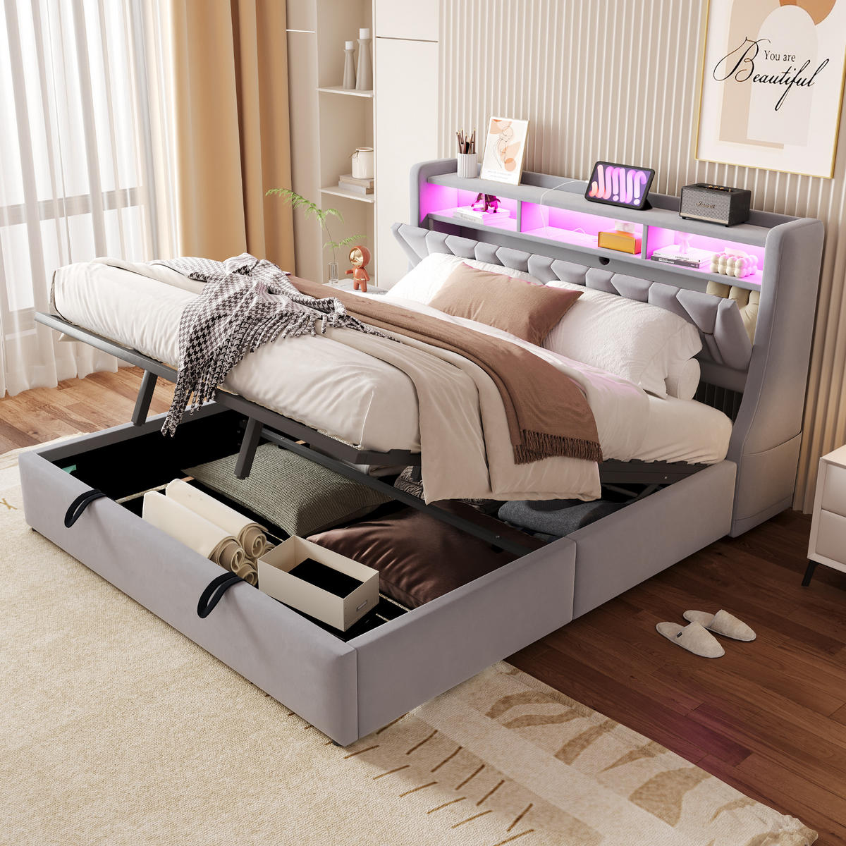 POLSTERBETT 180/200 cm Hellgrau aus Samt mit Stauraum mit LED-Beleuchtung - Hellgrau, Textil (180/200cm) - OKWISH