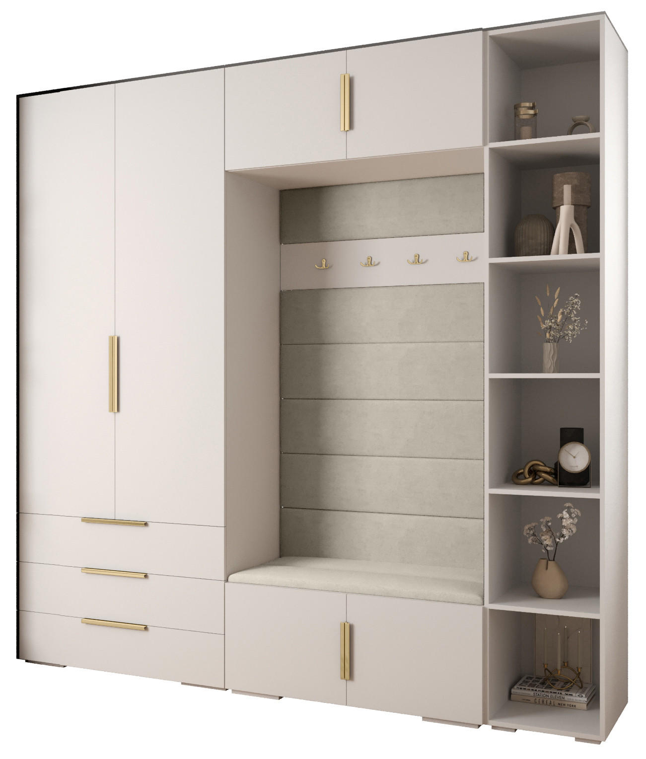 Abiks Möbel Garderoben-Set Weiß, Beige, Gold 240x236.7x47 cm
