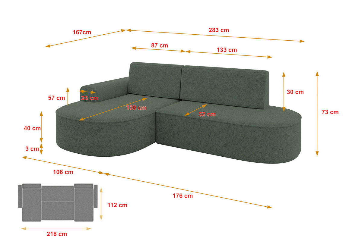 ECKSOFA mit Schlaffunktion und Bettkasten Ottomane Links MARI-L1-S - 283x167x73 cm Grün Tissu - Schwarz/Grün, Holzwerkstoff/Kunststoff (283/167cm) - ALTDECOR