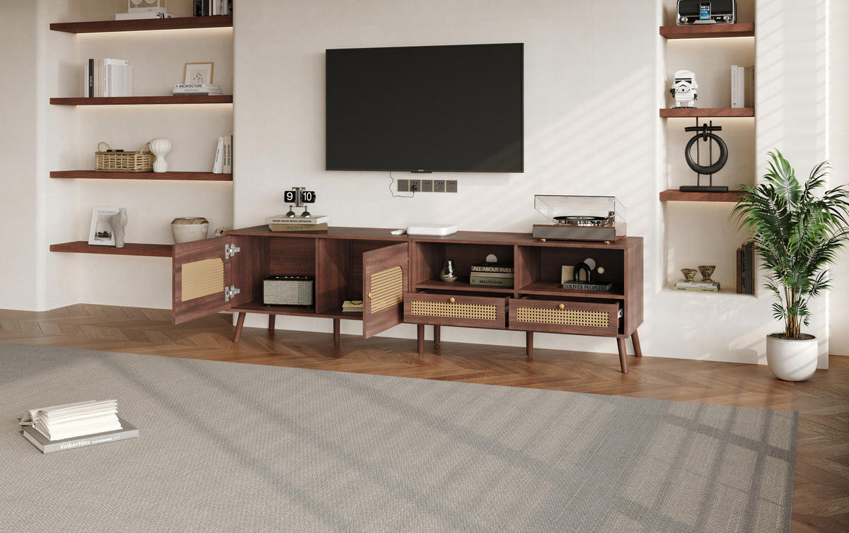 TV-LOWBOARD in Braun mit 2 Rattantüren und 2 Schubladen 200/37/49.5 cm - Braun, Holzwerkstoff (200/49.5/37cm) - Redom