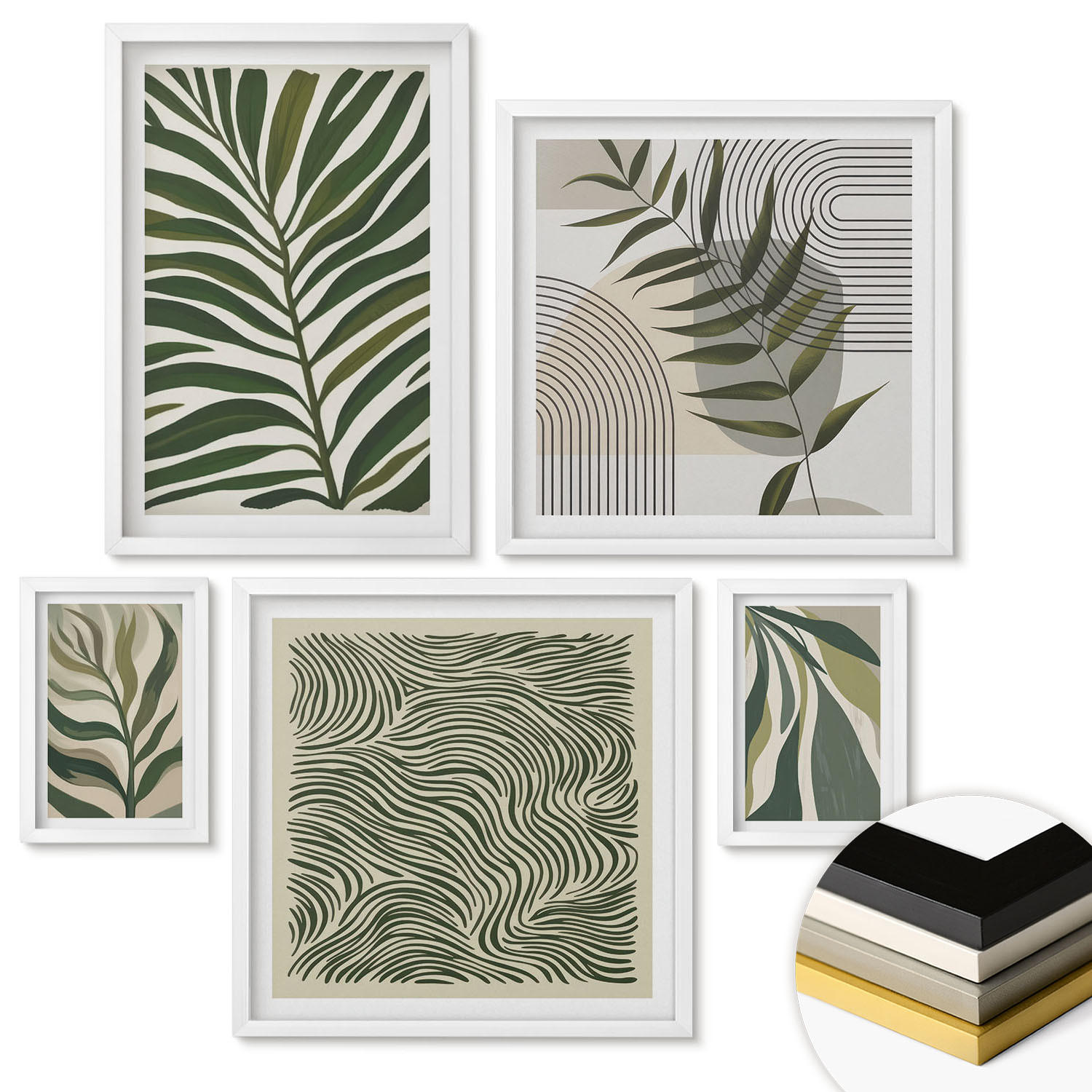 WANDBILDER 5er-Set - 50x50 cm & 20x30 cm & 40x60 cm Weißer Rahmen - Blätter, Wellen – Pastellillustrationen - Weiß, Kunststoff (40/60cm) - ArtPrintCave