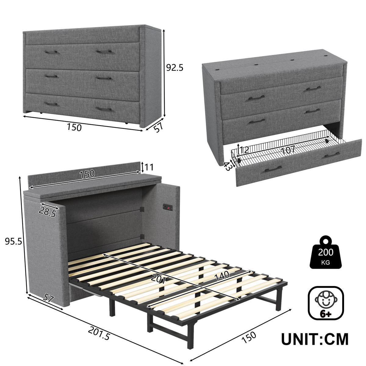 SCHRANKBETT 140x200cm Grau Leinen 1 Schublade USB-C mobiles Bett - Grau, Holz (140/200cm) - FLIEKS