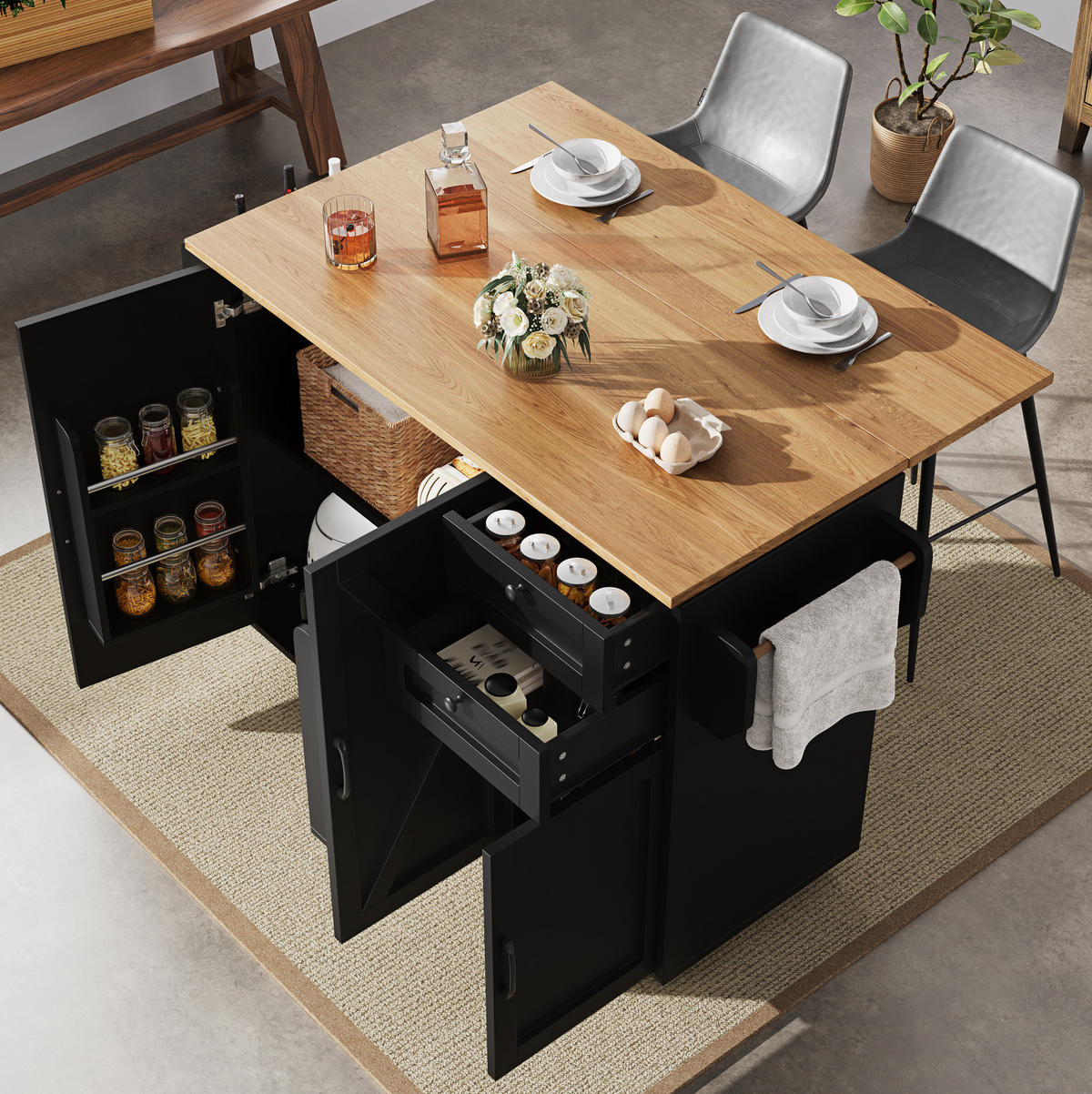 KÜCHENINSEL mit Klapptisch 120 cm Black - Schwarz, Holz (43.2/92/120cm) - Beauniv