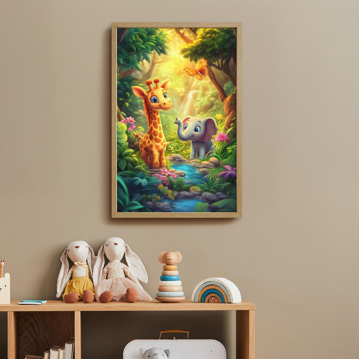 WANDLEUCHTE MIT AKKU Giraffe - Elefant - Blumen - Dschungel 40x60 cm - Grün, Holzwerkstoff (40/60/8cm) - OnlyWow