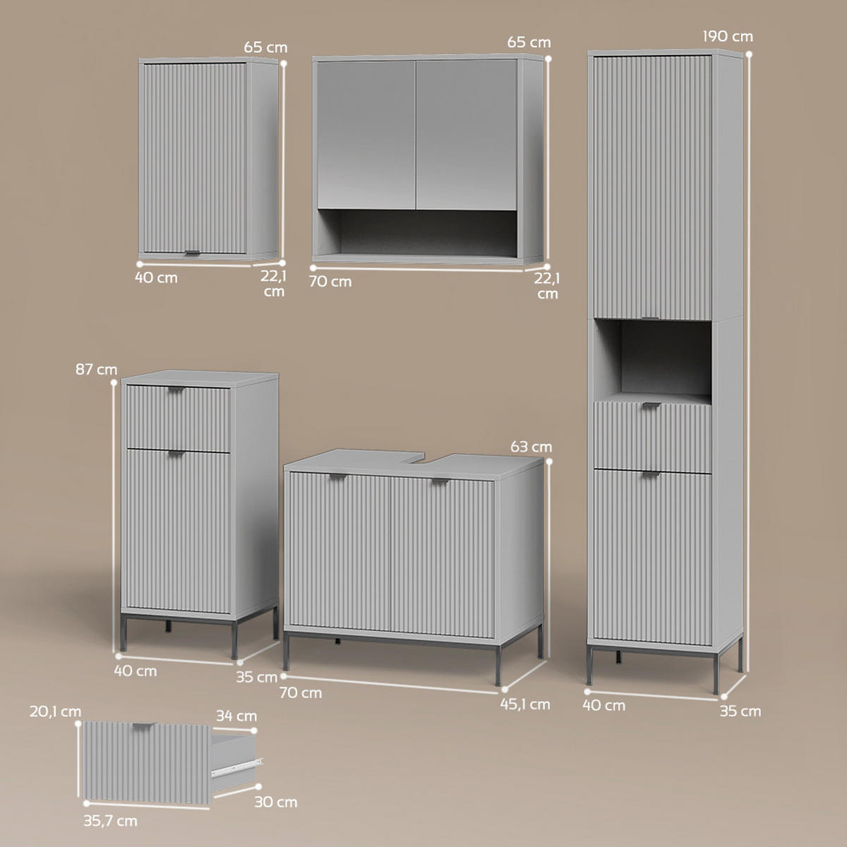 BADMÖBEL-SET ATERNO Grau 5 Teile - Grau, Holzwerkstoff (70/63/45cm) - Livinity®