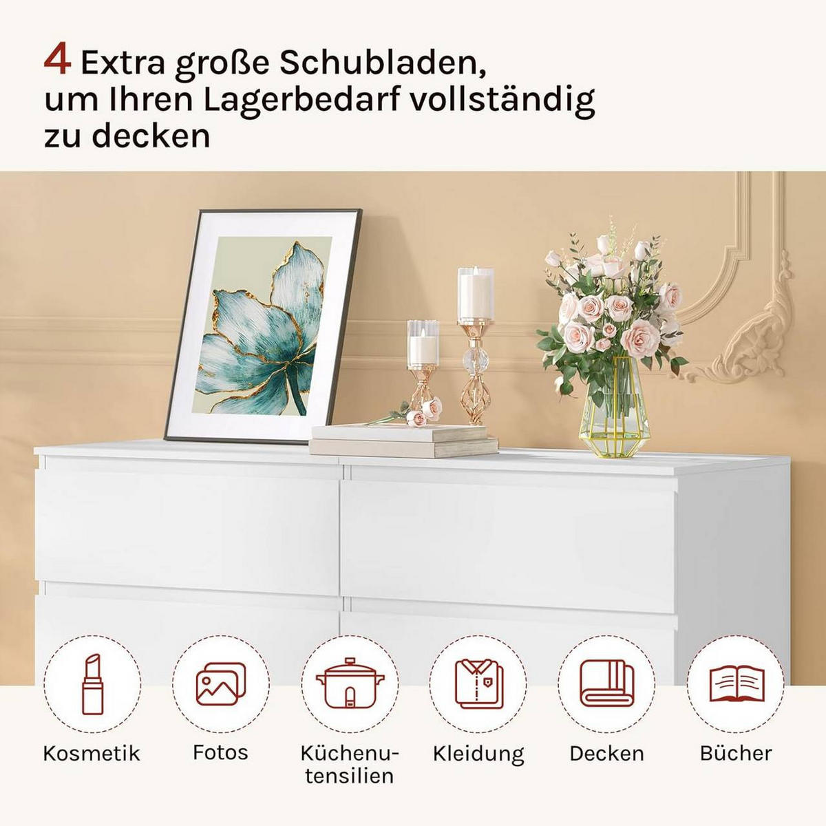 KOMMODE mit 4 Schubladen, 60x90x40 cm, Weiß - Weiß, Holzwerkstoff (60/90/40cm) - Woltu