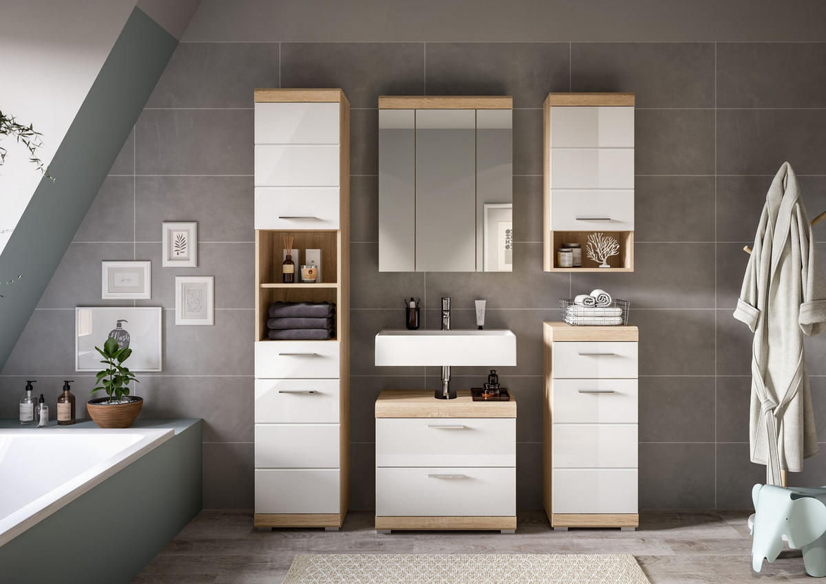 BADKOMBINATION 5tlg. Lambada Bad in Sonoma Eiche hell und weiß hochglanz B/H/T: 164x191x34 cm - Sonoma Eiche, Holz (164/191/37cm)