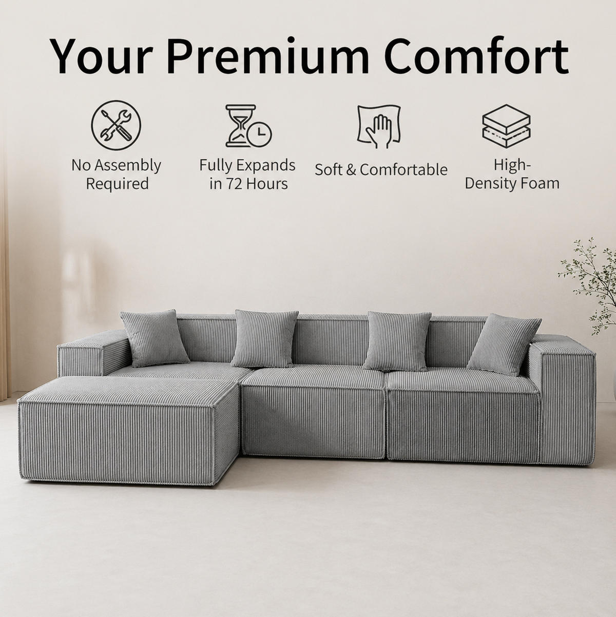 SOFA modular 3-Sitzer Struktur-Cordstoff Grau - Grau, Textil (165/279cm) - Meubliv