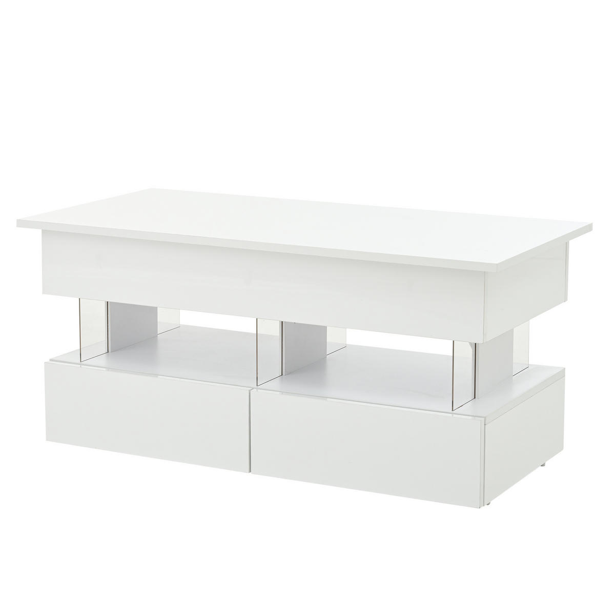 COUCHTISCH höhenverstellbar 100 x 50 x 46 cm Weiß mit 2 Schubladen und LED - Weiß, Wellpappe (100/50/46cm) - Meubliv