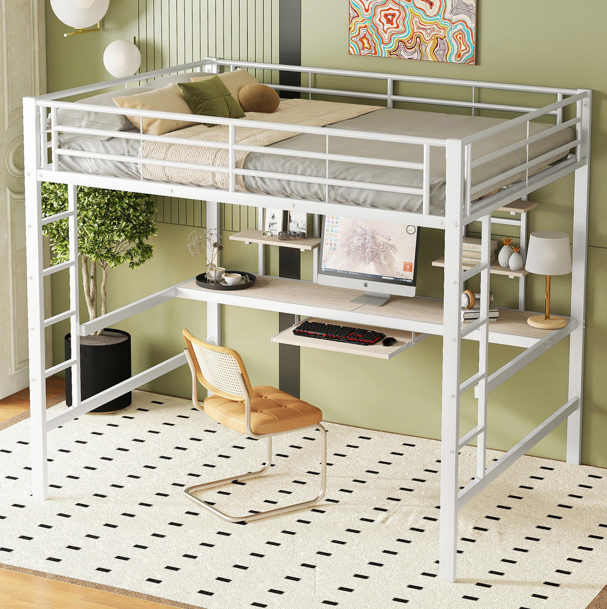 HOCHBETT 140/200 cm aus Metall mit Schreibtisch und 2 Regalen, Weiß - Weiß, Metall (140/200cm) - Flora Grace