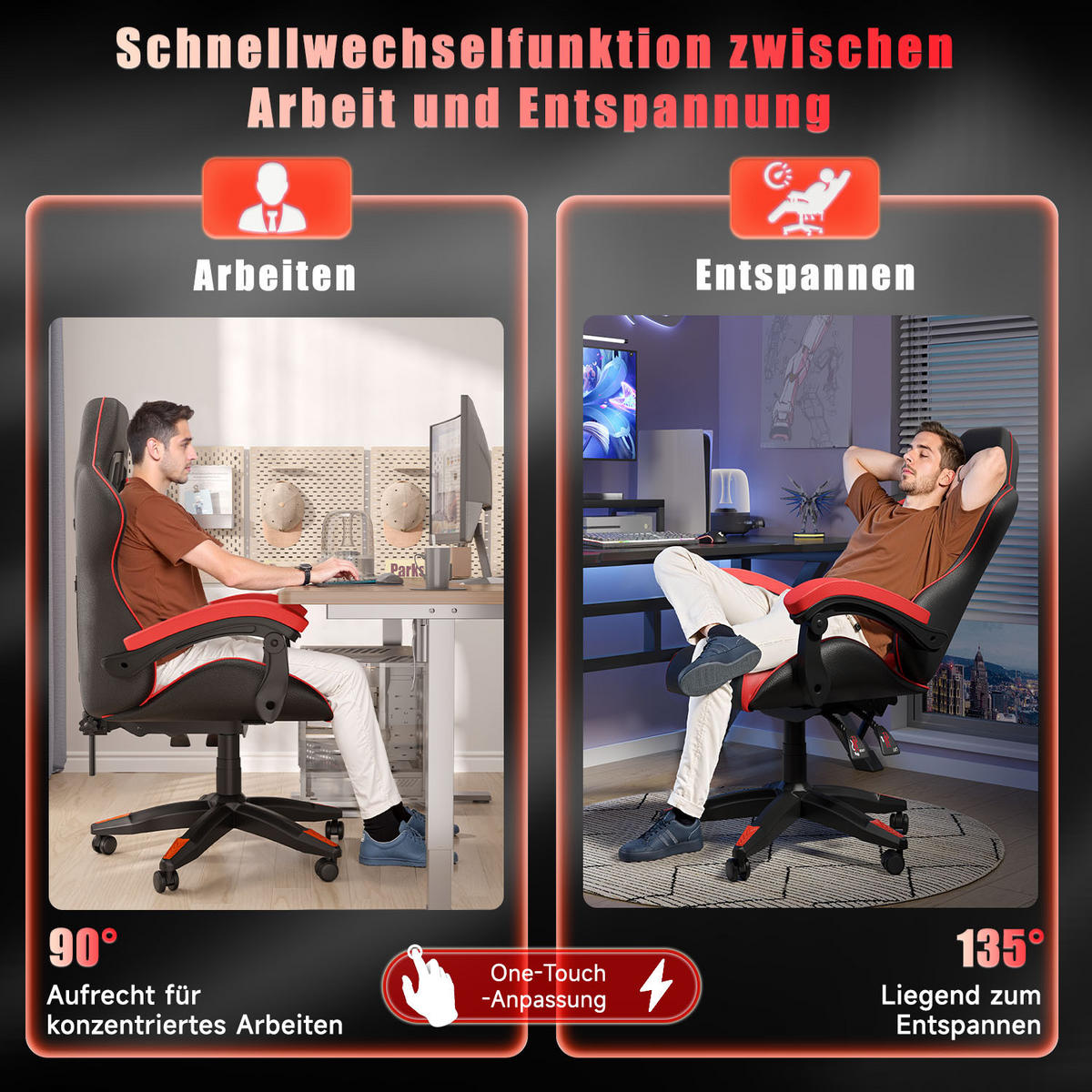 GAMINGSTUHL Schwarz-Rot ergonomisch - Rot, Leder (29/59/79cm) - Rattrix