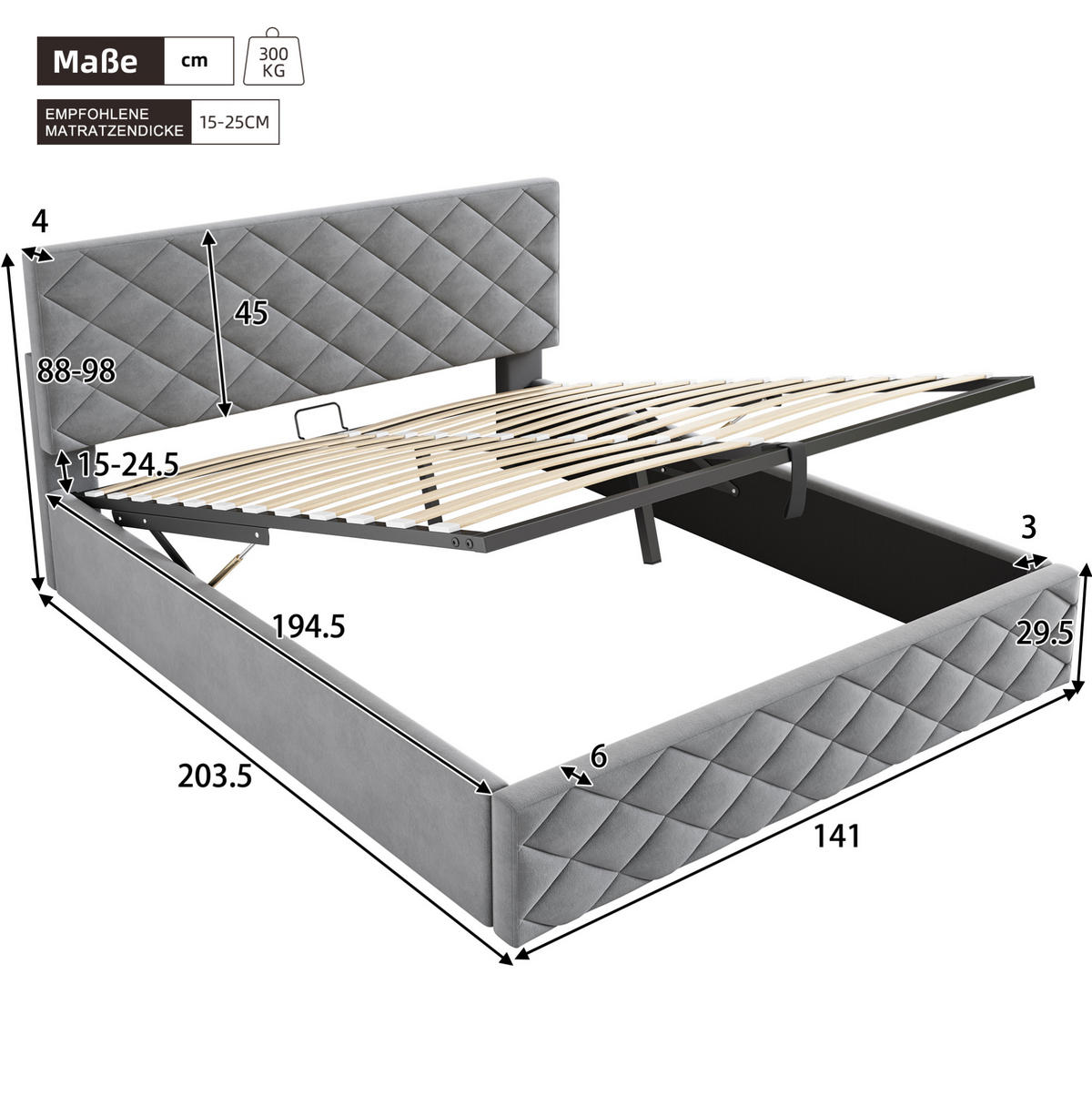 POLSTERBETT 140/200 cm Grau mit hydraulischem Funktionsbett und Stauraum - Grau, Textil (140/200cm) - OKWISH