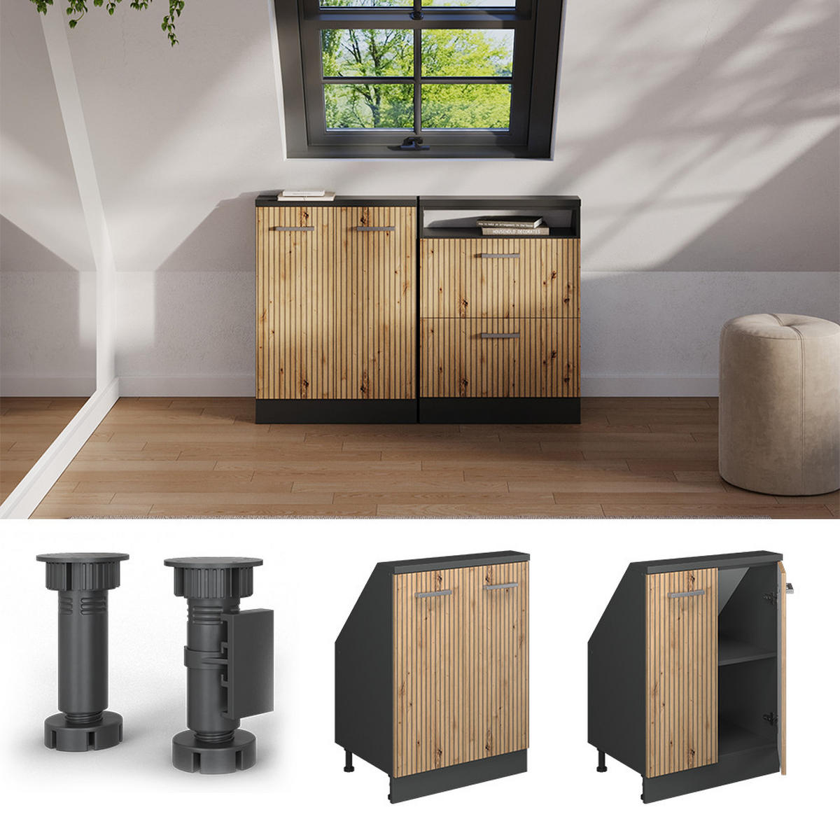 KUCHYŇSKÁ SKŘÍŇKA POD ŠIKMOU STŘECHU R-Line Dub Artisan/antracit - antracitová/dub artisan, kompozitní dřevo (60/81.6/46cm) - Vicco