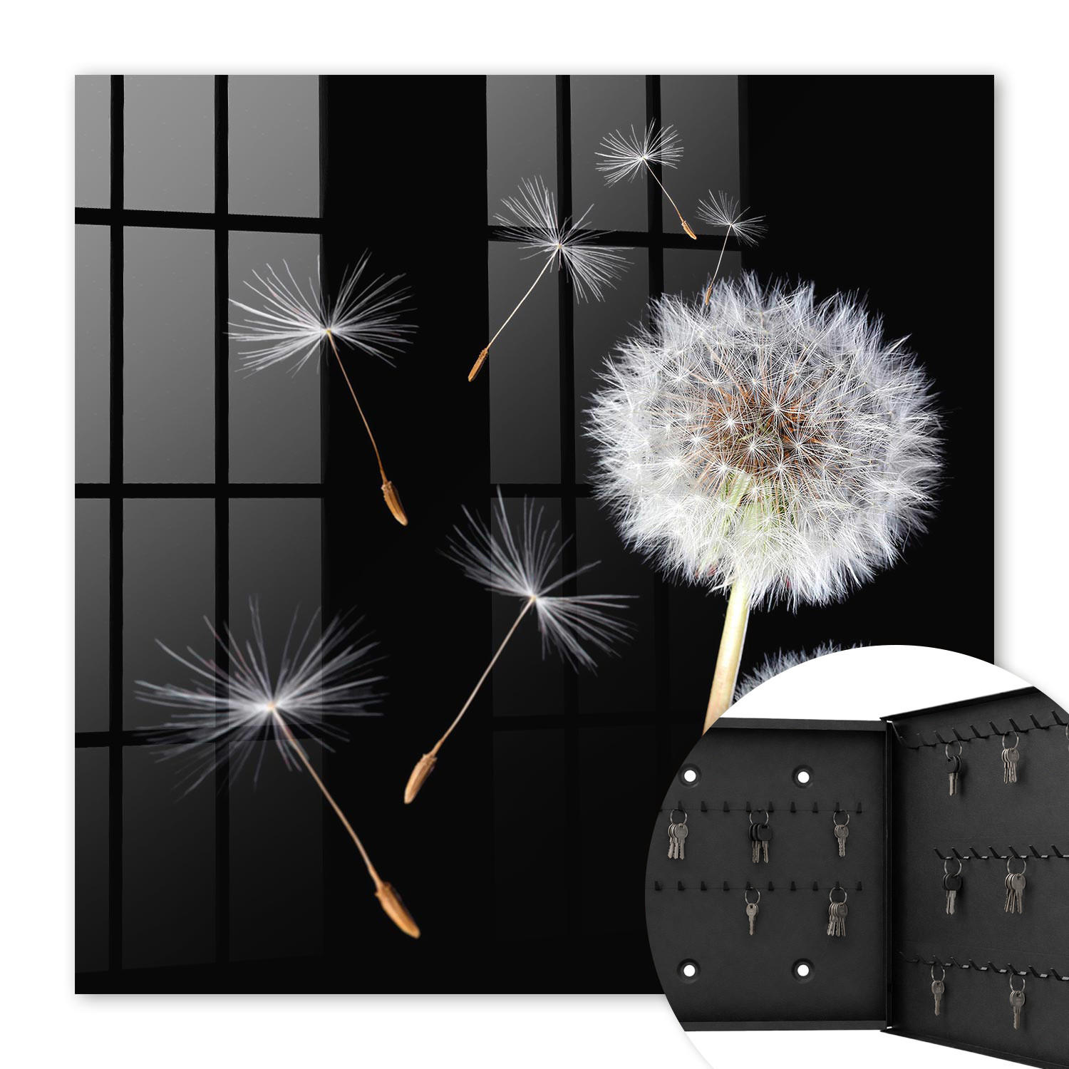 SCHLÜSSELBOX Schwarz 30x30 cm- Türöffnung nach rechts - Zarte Löwenzahnblüten - Schwarz, Metall (30/30/5cm) - TULUP