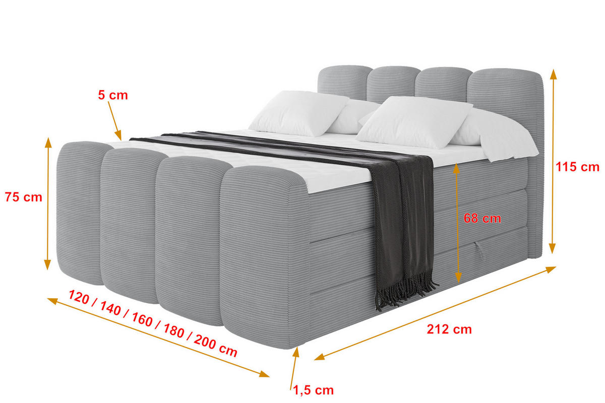 BOXSPRINGBETT mit Matratze H3/H4 - NINA-Z KING - 160x200 cm Grau - Silberfarben, Holzwerkstoff (160/200cm) - ALTDECOR