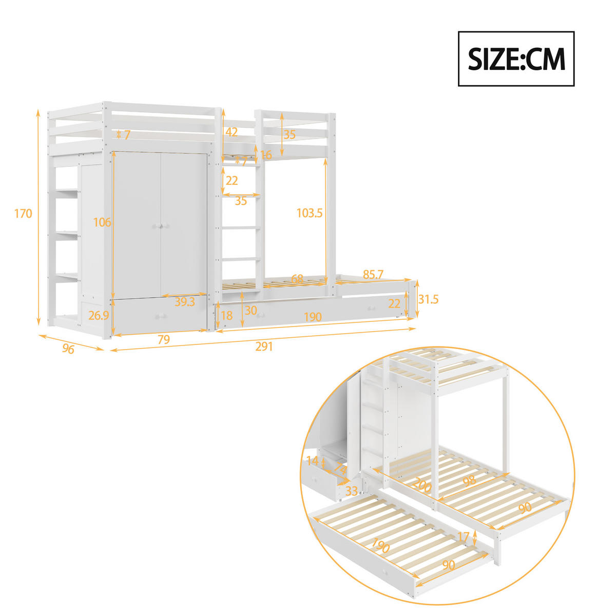 ETAGENBETT 90/200 cm aus Massivholz mit Ausziehbett und Kleiderschrank - Weiß, Holz (90/200cm) - OKWISH