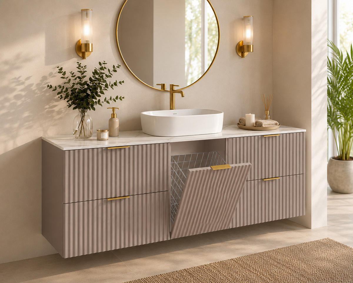 BADMÖBEL-SET MIT WÄSCHEKORB: Kaschmir / Platte Marmor Bianco, Griffe Gold, 160 x 46 x 57 cm - Kaschmir/Creme, Holzwerkstoff (160/57/46cm) - 3XE LIVING