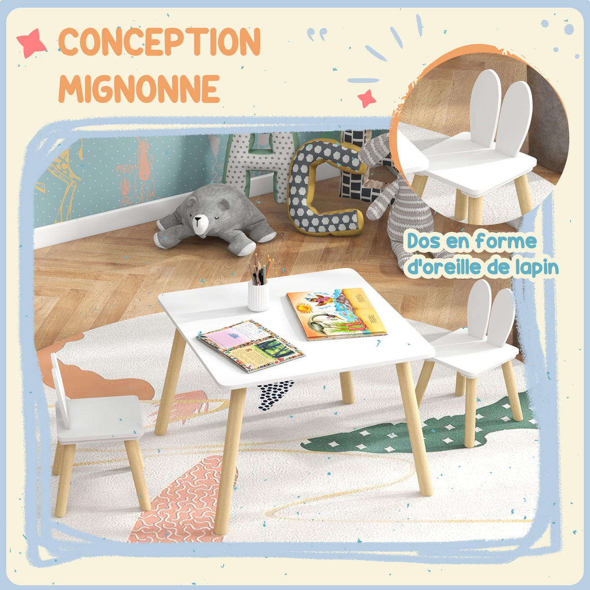 KINDERSITZGRUPPE DE-17515 Hasenohren-Design mit Stauraum Weiß - Weiß, Holzwerkstoff (60/44/60cm) - ComfortXL