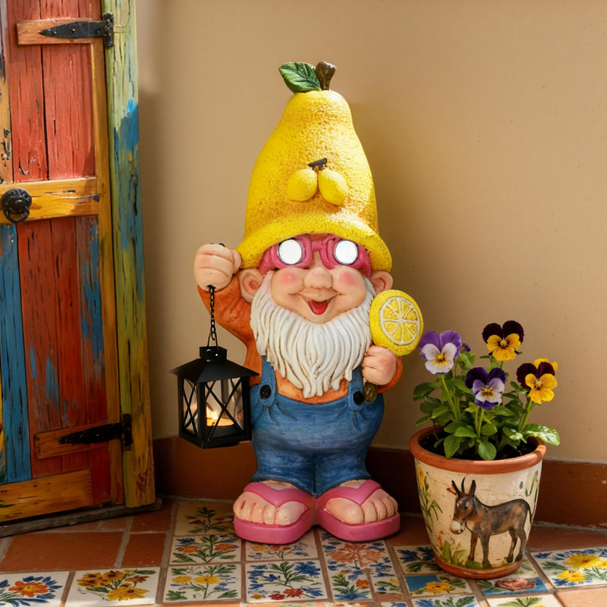 46CM Solarbetriebene Zwerggestalt in Form einer Zitrone Gartenfigur Zwerg mit Laterne, leuchtende Augen Geschenkidee für Mama - Multicolor, Naturmaterialien (23.5/46/16.5cm) - Hometopia