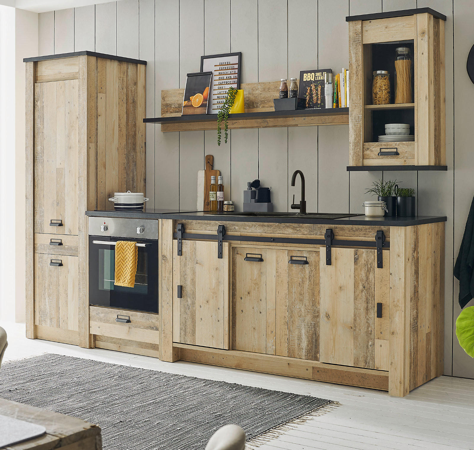 KÜCHENZEILE in Used Wood, anthrazit 284 cm, Küchenschrank-Set 5-teilig mit Soft-Close - Anthrazit/Schwarz, Glas/Holzwerkstoff (284/201/64cm) - Furn.Design