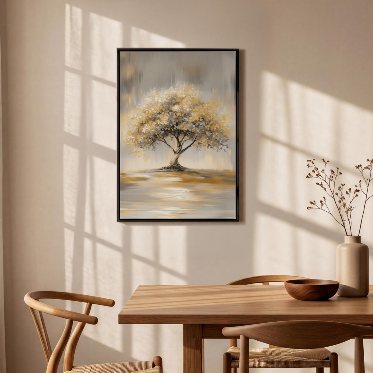 LEINWAND Bilder mit Rahmen - Gemälde - Baum - Abstrakt - Blätter - 60x90 - Beige, Textil (60/90cm) - MuchoWow