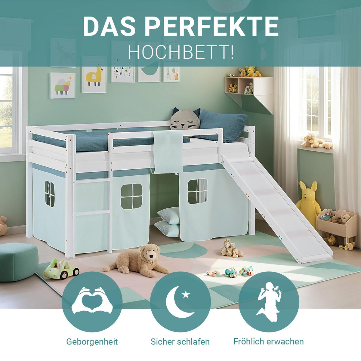 HOCHBETT 90/200 cm Weiß Rutsche Mint / Kiefer - Weiß/Mintgrün, Holz/Textil (90/200cm) - Homestyle4u