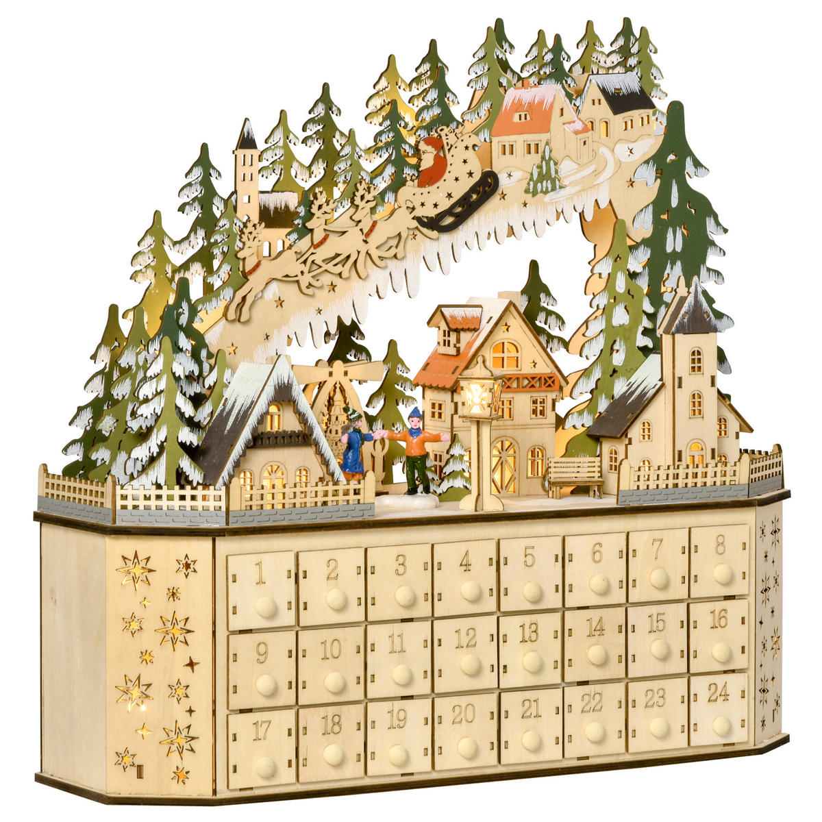 ADVENTSKALENDER zum Befüllen, 24 Schubladen Fächer, mit LED-Lichtern, Naturholz - Naturfarben, Kunststoff (13/43/45cm) - HOMCOM