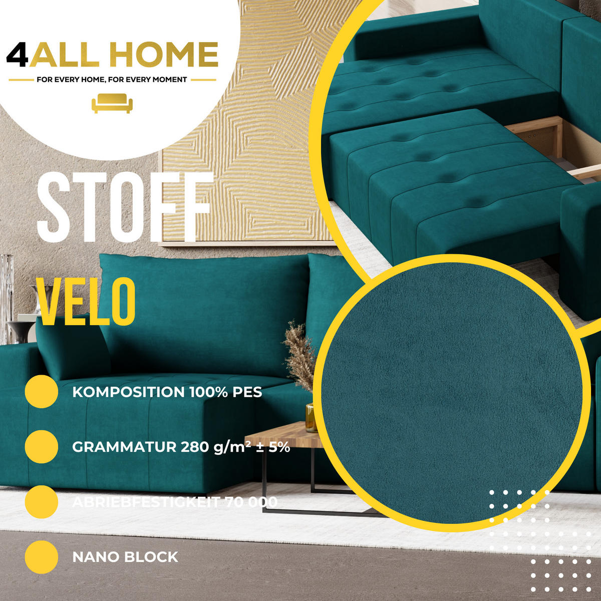 ECKSOFA Tico mit Bettkasten und Schlaffunktion, L-Form/XL-Form, Velourstoff, Universal - Türkis, Holzwerkstoff (276/145cm) - 4ALL HOME