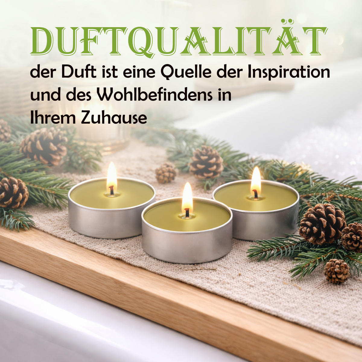TEELICHT mit Duft - Kiefer - 54er Pack - Dunkelgrün, Naturmaterialien (4/1.5/4cm) - HS Candle