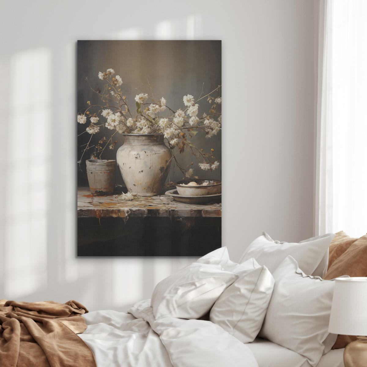 AKUSTICKÝ OBRAZ Zátišie - Kvety - Kytica - Váza - Víno 60x90 cm - čierna, plast (60/90/0.9cm) - MuchoWow