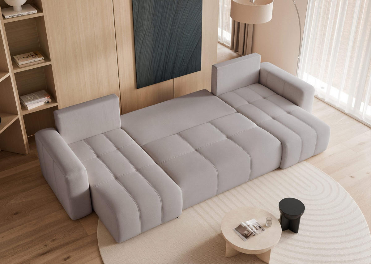 WOHNLANDSCHAFT U-Form Velours mit Bettkasten und Schlaffunktion - Grau, Holzwerkstoff/Textil (318/79/145cm) - Idohome