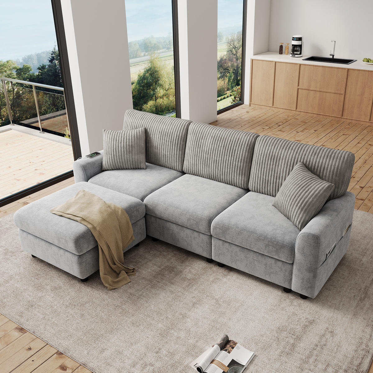 ECKSOFA 223/146/84 cm Grau mit 1 Fußhocker, 2 quadratischen Kissen, 1 USB-Anschluss und 1 Type-C-Anschluss - Grau, Textil (146/84/223cm) - Oxeza