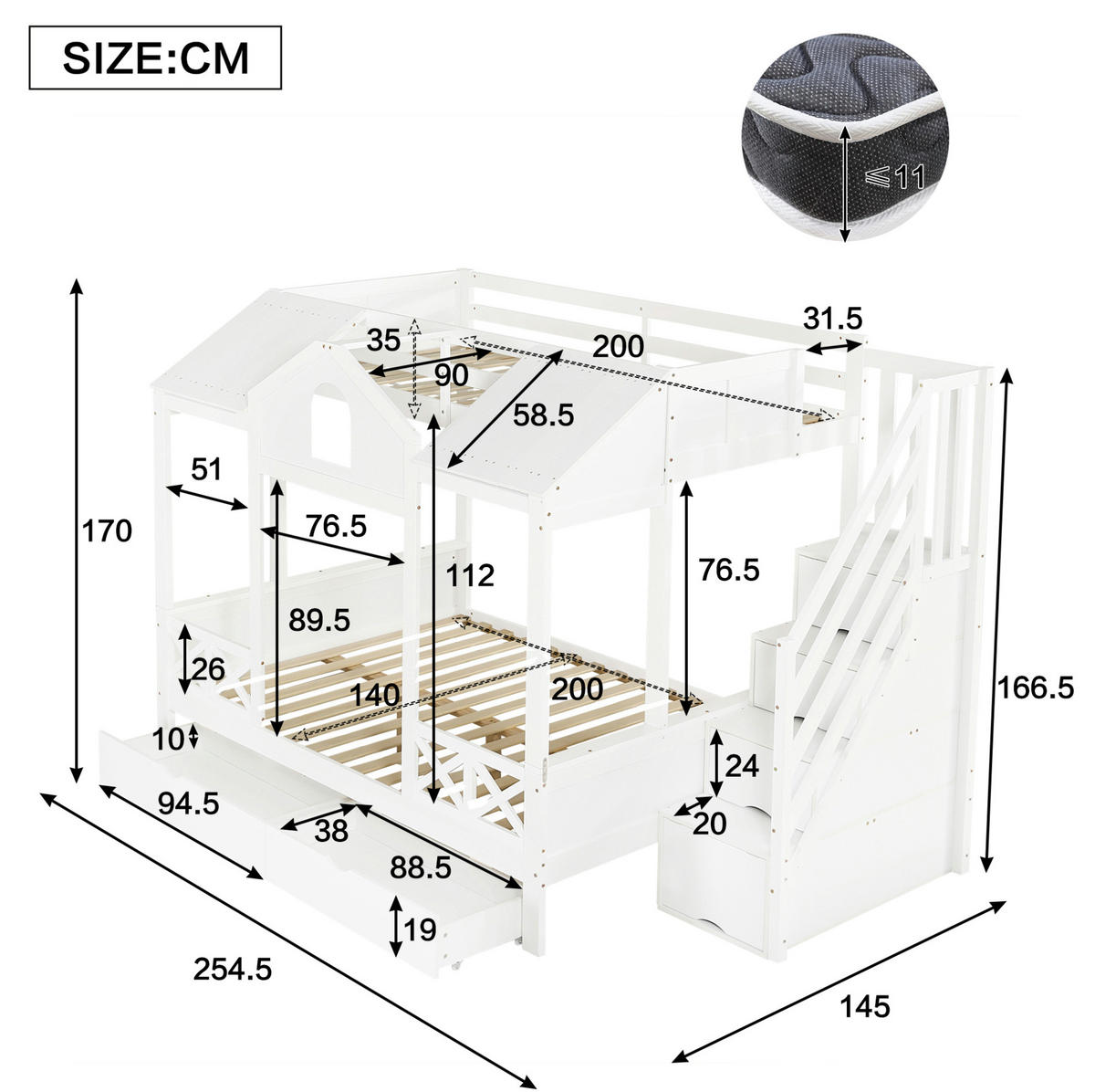 ETAGENBETT 90/200 & 140/200 cm Weiß mit Spielhaus-Design und Stauraum - Weiß, Holzwerkstoff (90/200cm) - Flora Grace