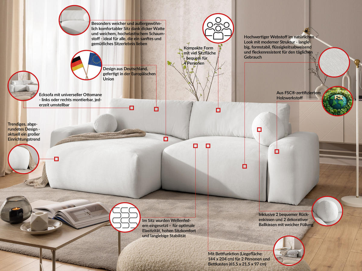 ECKSOFA Puffy mit Schlaffunktion und Bettkasten - besonders weich und puffig aus Creme Webstoff - Ottomane links - Creme/Schwarz, Holz/Kunststoff (138/266cm) - S-Style Möbel