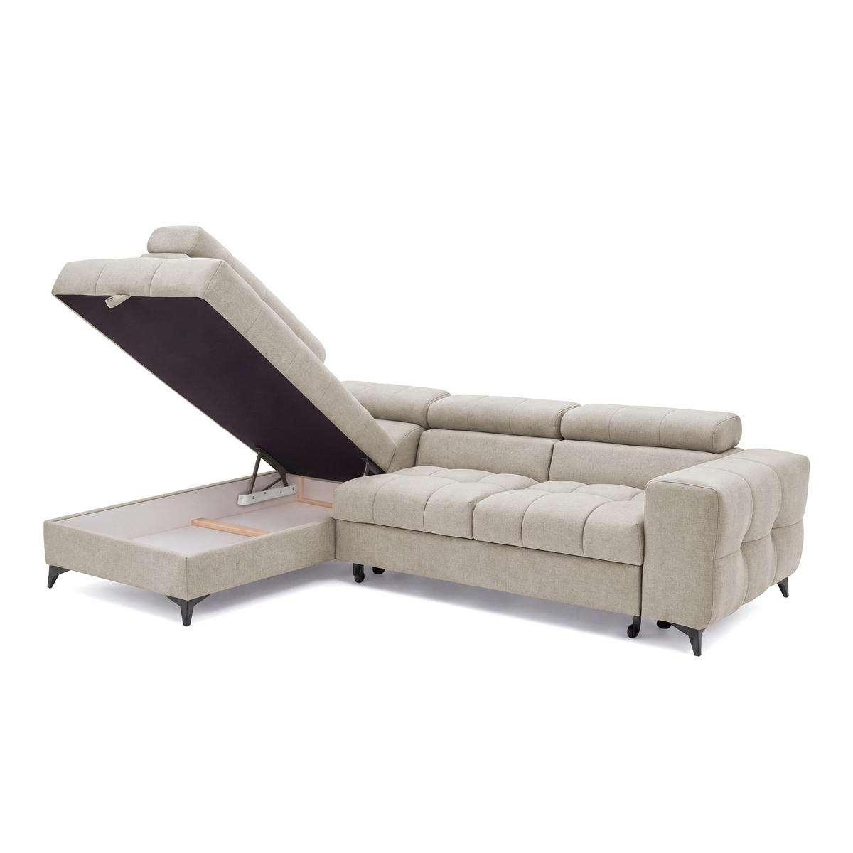 ECKSOFA PUDDING S Links mit Schlaffunktion 125x195 Velours Creme - Creme/Schwarz, Holz/Textil (177/275cm) - Muffo