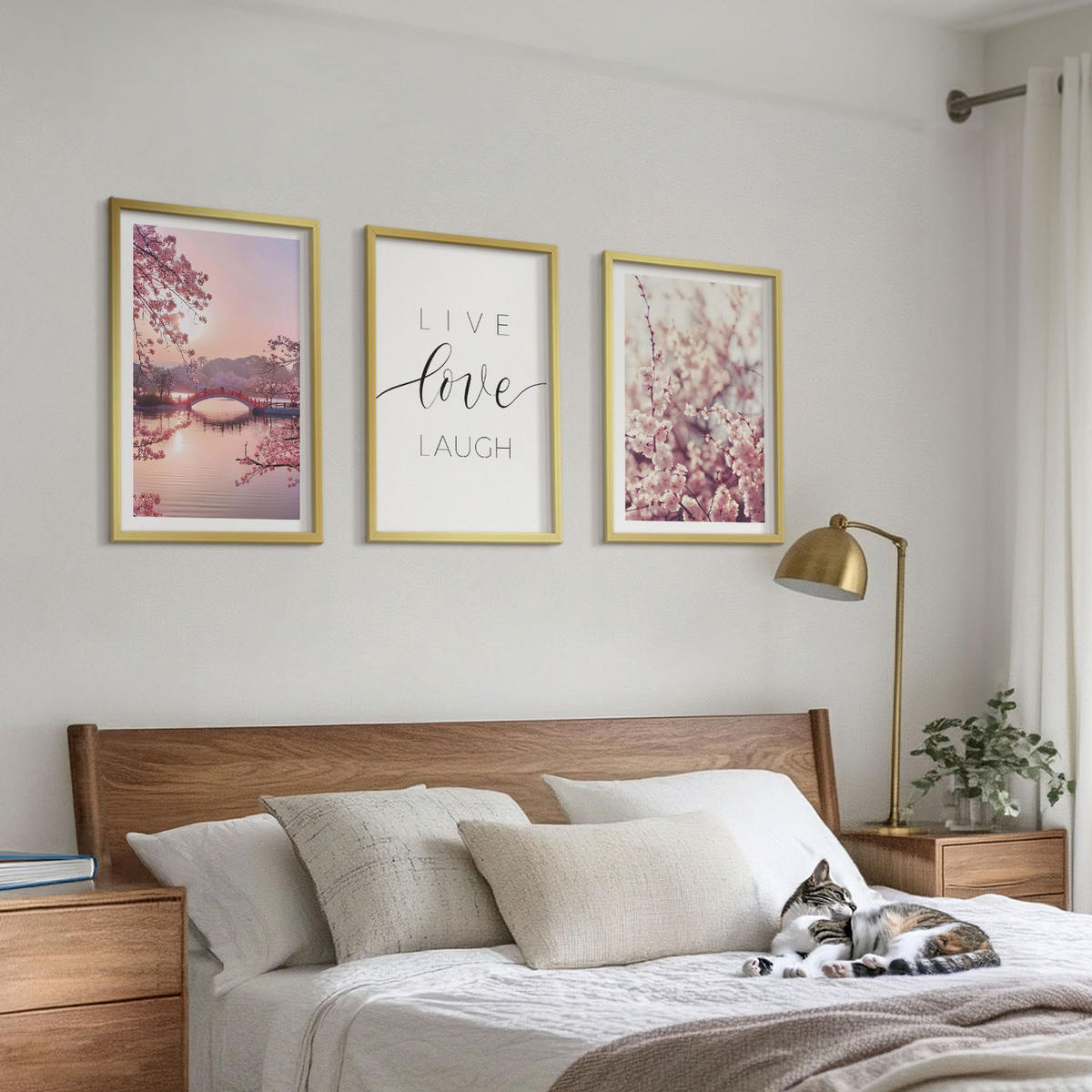 WANDBILDER 3er Set - 40x60 cm Goldrahmen - Blumenbrücken-Inschriftenmotiv - Goldfarben, Kunststoff (40/60cm) - ArtPrintCave