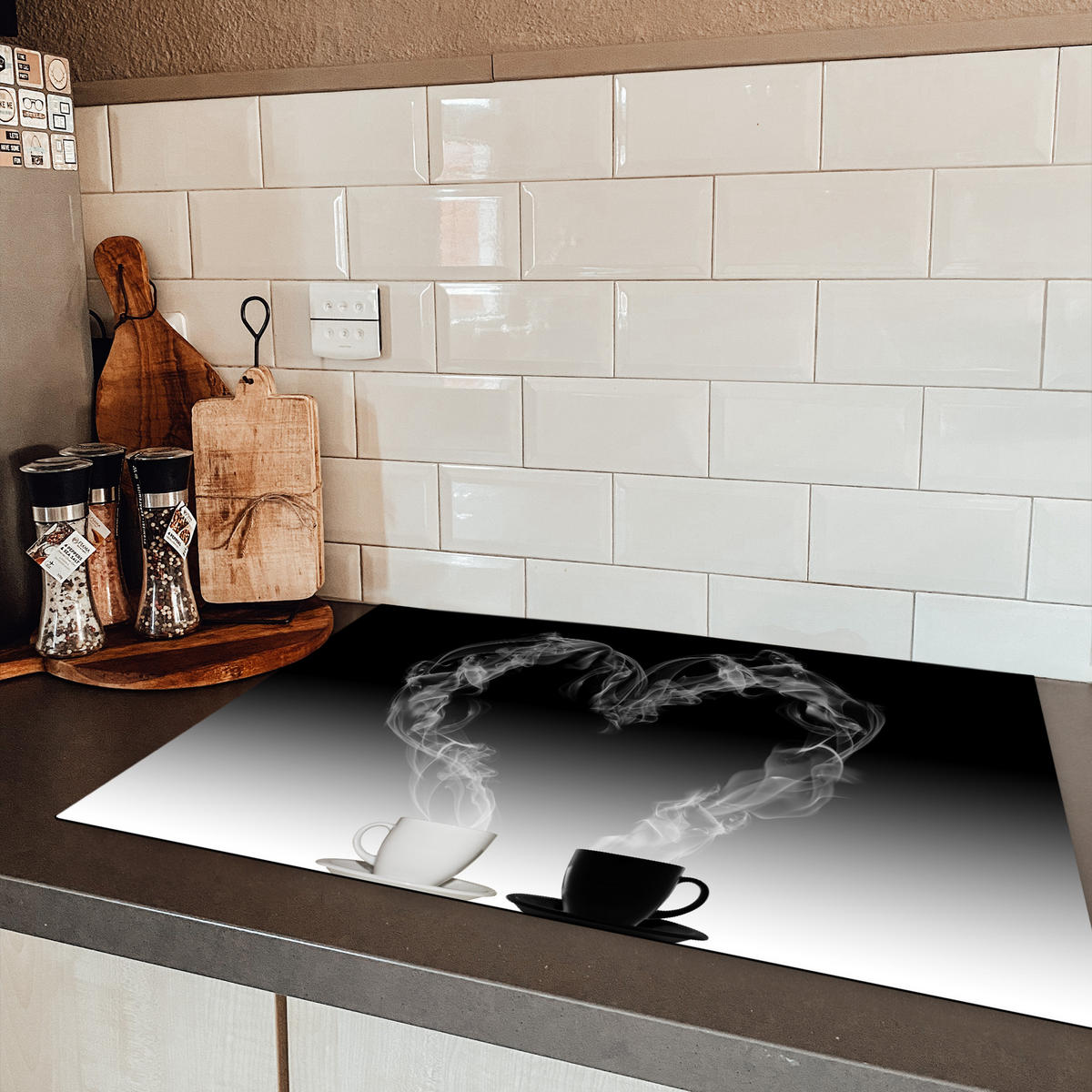 HERDABDECKPLATTE Kaffee - Herz - Schwarz und weiß - Tassen 77x51 cm - Weiß, Kunststoff (77/51/0.2cm) - MuchoWow