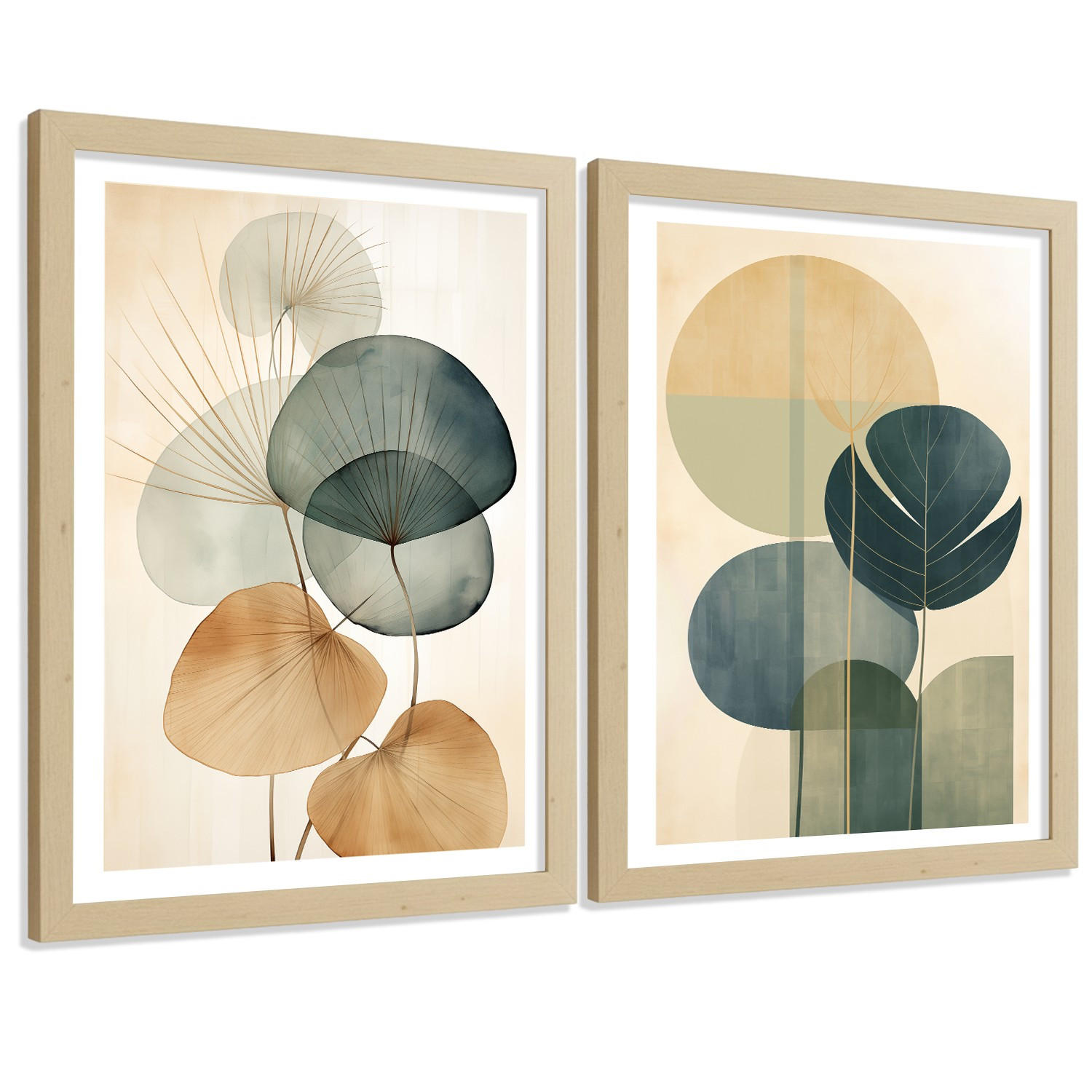 POSTER 2er Bilder-Set Wandbilder Geometrische Blumen modern Wohnzimmer Deko, Schlafzimmer, Küche, Badezimmer Leichter Holzrahmen A3 - Beige, Papier (29.7/1/42cm) - Nacnic