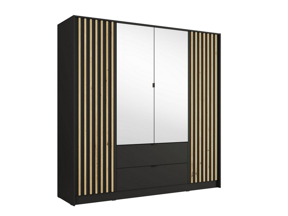 DREHTÜRENSCHRANK SATREN 200/200,5/54,5cm 4-türig mit Spiegel Schwarz - Schwarz/Eiche Artisan, Holzwerkstoff (200/200.5/54.5cm) - MASSENO