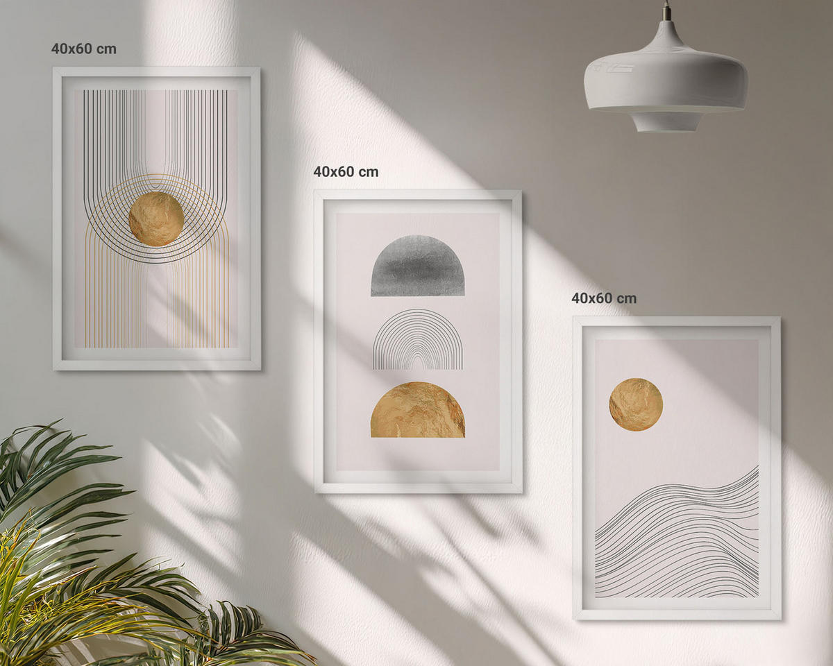 WANDBILDER 3er-Set - 40x60 cm Weißer Rahmen - Abstrakte Formen in Beige und Grau - Weiß, Kunststoff (40/60cm) - ArtPrintCave