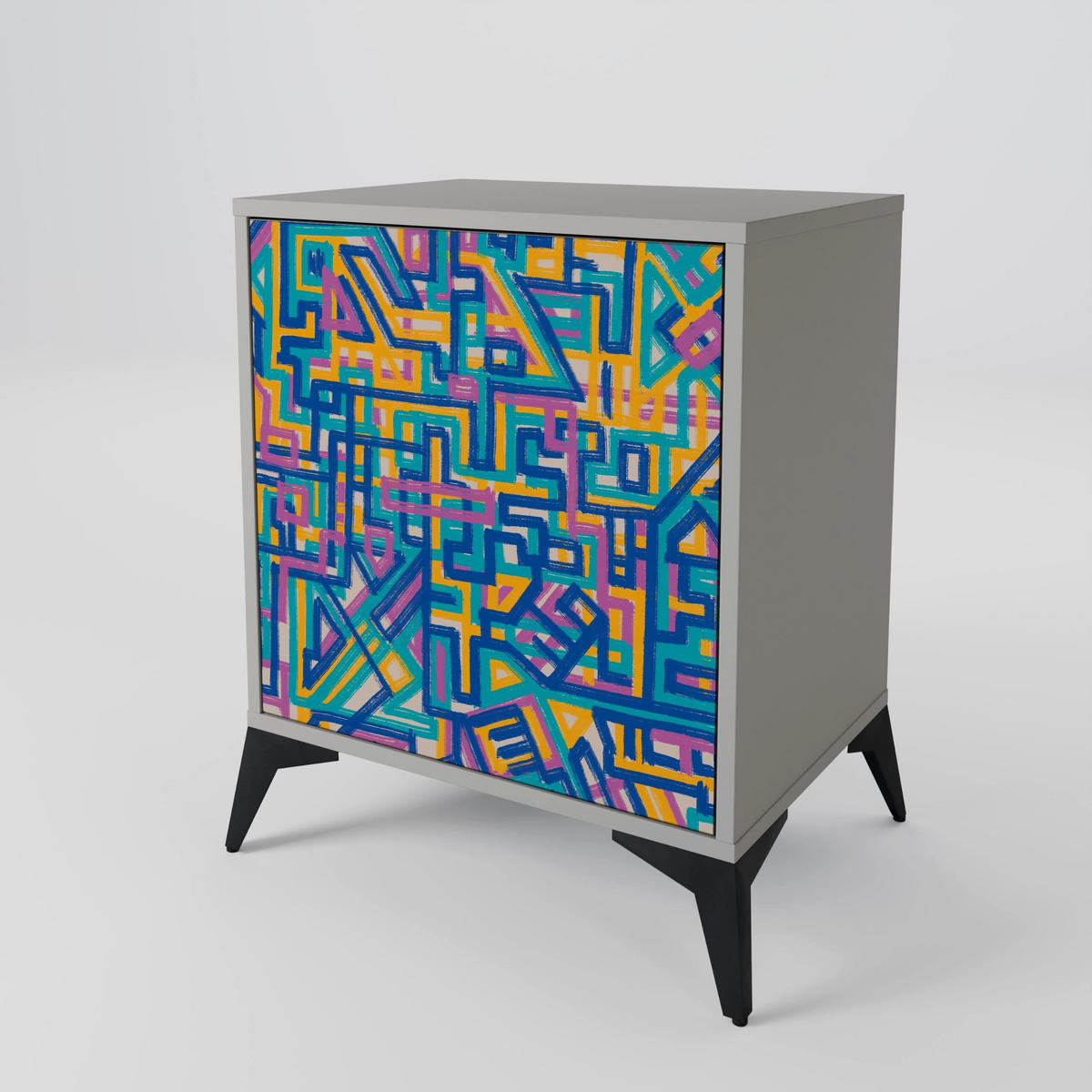 SIDEBOARD MEMORIES MAP, Grau, 57,5x42x77,5 cm, Schräge Buchenholzfüße - Buchefarben/Multicolor, Holzwerkstoff/Buchenholz (57.5/77.5/42cm) - SpaceRebels