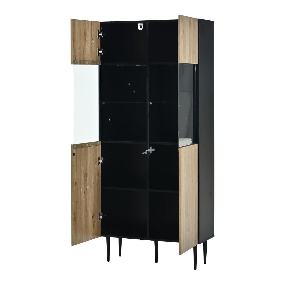 VITRINE LED Hochschrank Glas 10 Fächer Holz Schwarz 180cm - Multicolor, Holzwerkstoff (80/180/35cm) - FLIEKS