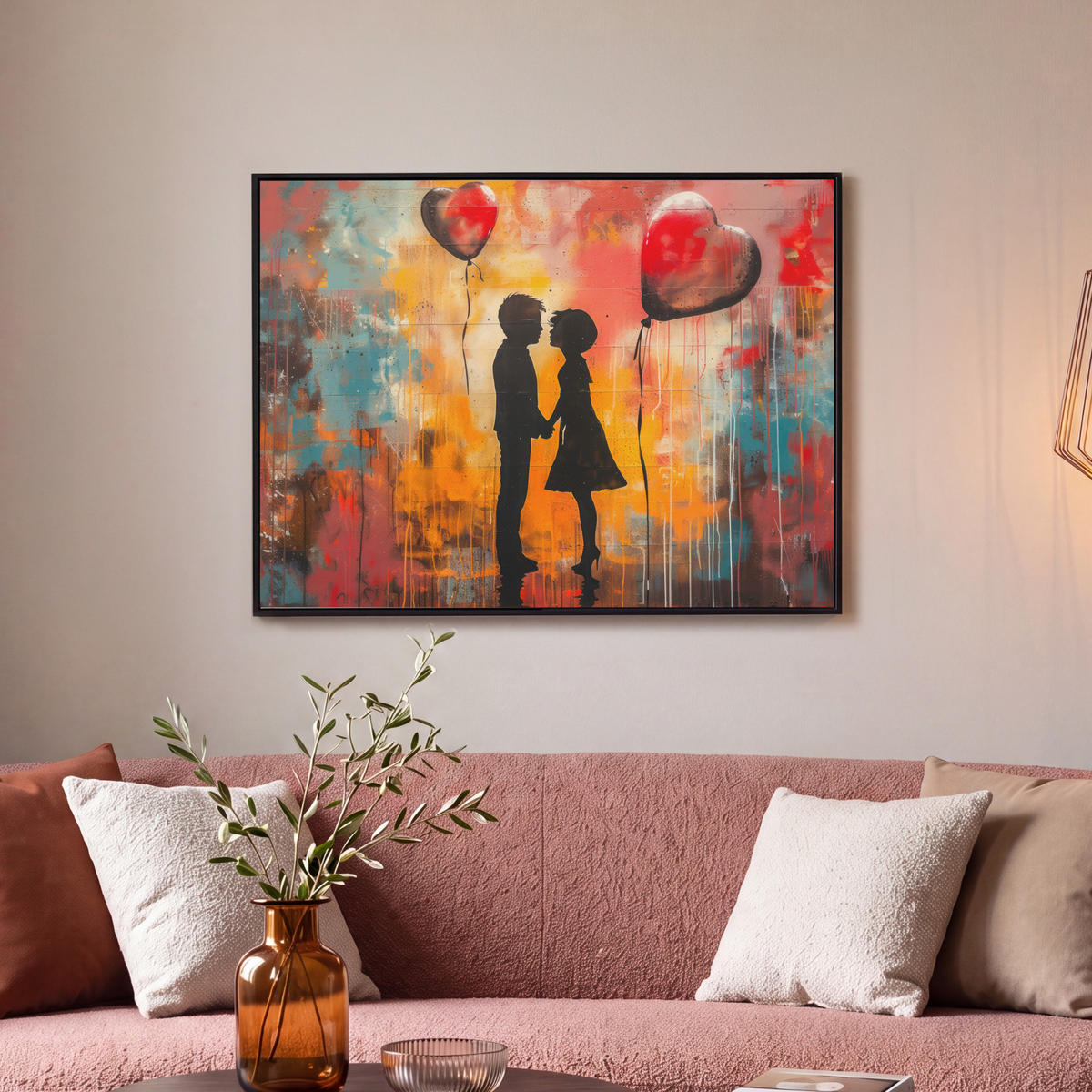 LEINWAND Bilder mit Rahmen - Straßenkunst - Liebe - Graffiti - Kunst - Banksy - 70x50 - Orange, Textil (70/50cm) - MuchoWow
