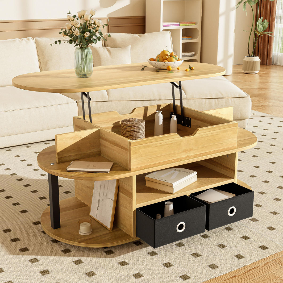 COUCHTISCH Holzoptik mit Hubfunktion, Stauraum und 2 Schubladen - Cognac, Metall (100/50/60cm)