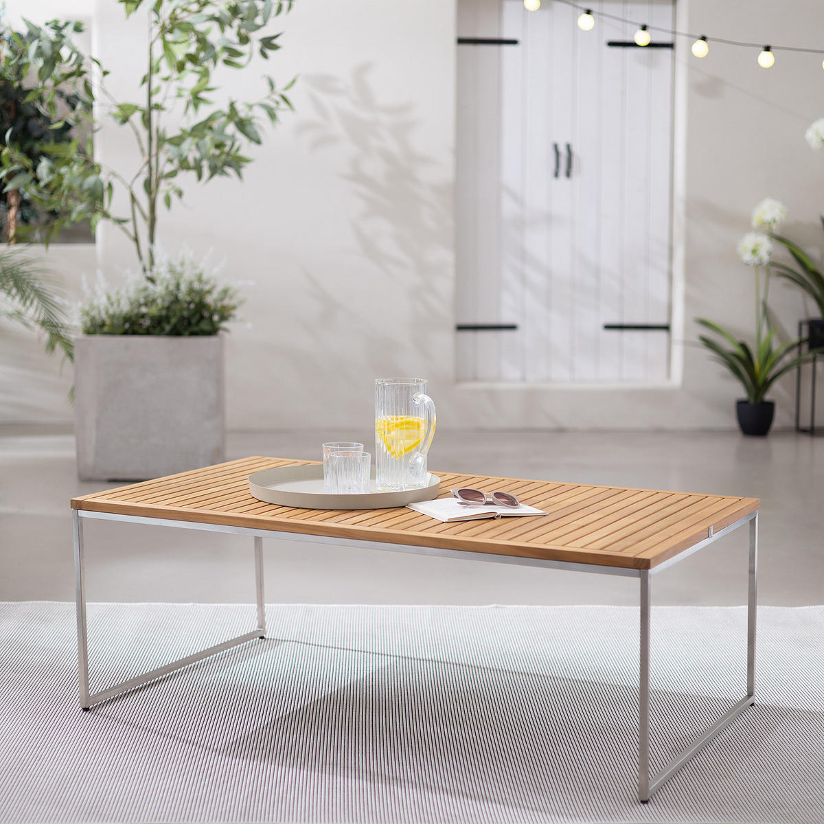 COUCHTISCH - Teak massiv / Edelstahl - Silberfarben/Braun, Holz/Metall (70/120/42cm) - home24