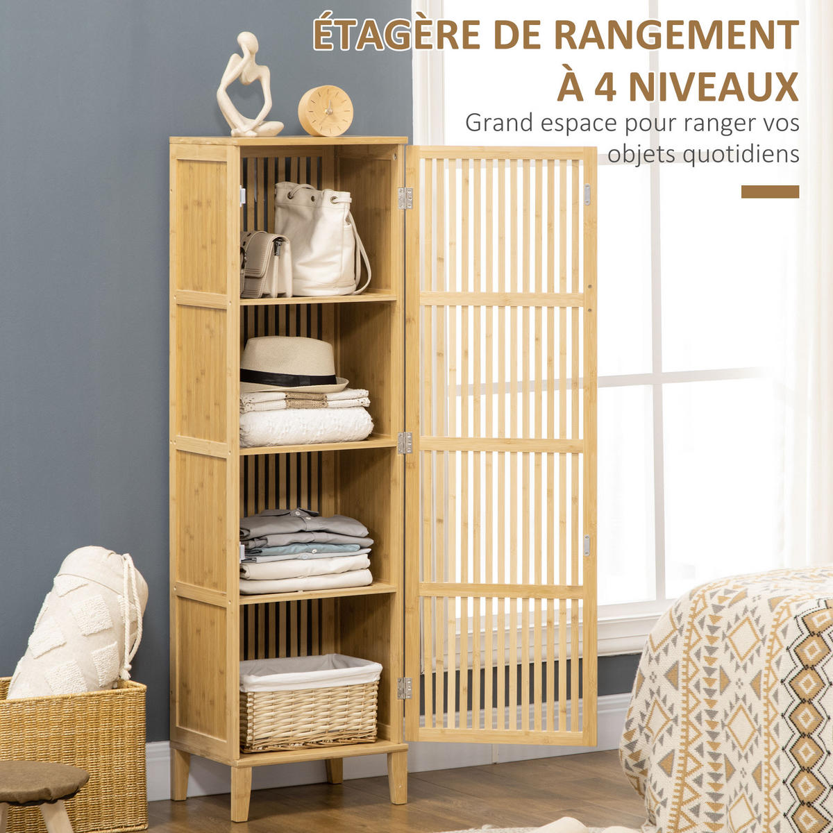 BADREGAL DE-12368 mit lamellentür 40/30/140 cm Naturholz - Naturfarben, Naturmaterialien (30/140/40cm) - ComfortXL