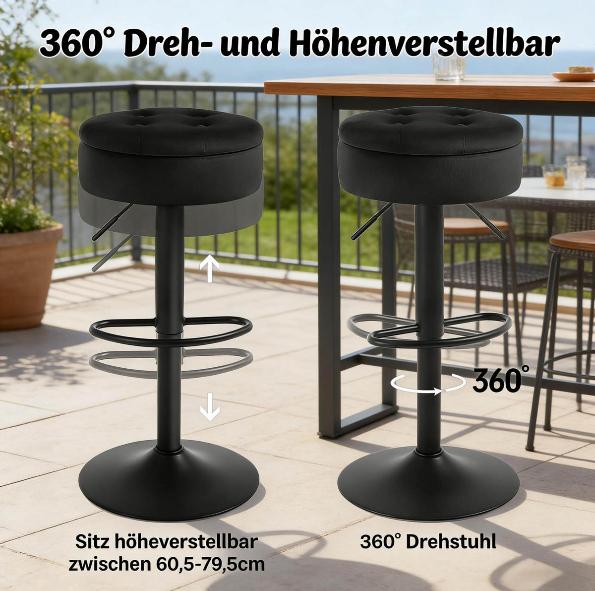 BARHOCKER mit Stauraum höhenverstellbar schwarz Samt - Schwarz, Metall (39/79.5/39cm) - Meubliv