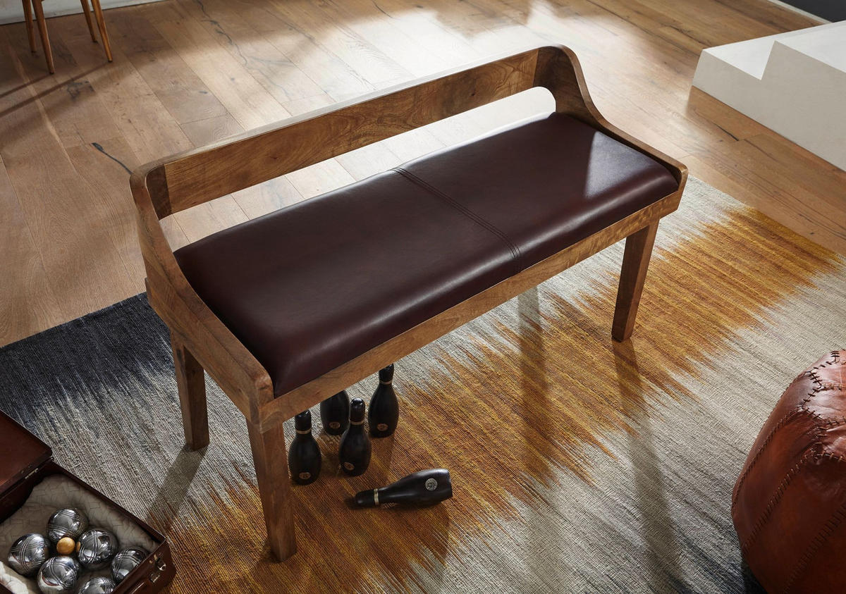 SITZBANK – Echtleder, 108 cm, mit Rückenlehne, Beine Massivholz - Braun, Mangoholz/Leder (108/63/43cm) - KADIMA DESIGN