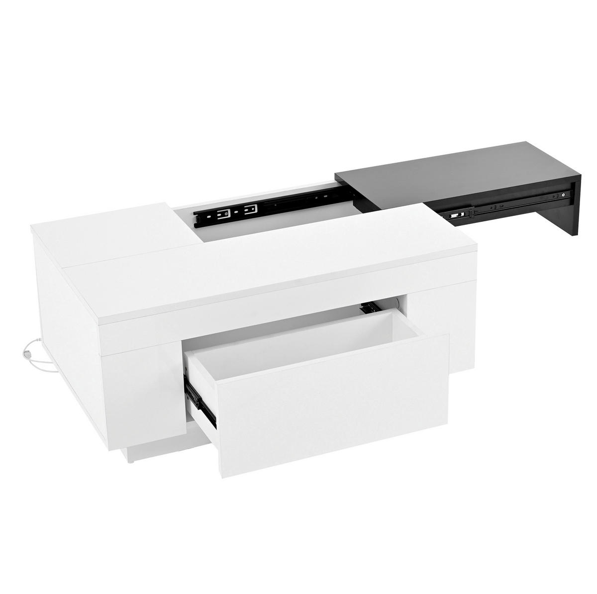 COUCHTISCH aus MDF 80x50x35,5 cm Schwarz/Weiß mit LED-Beleuchtung, ausziehbarer Tischplatte und versteckter Schublade - Weiß, Holzwerkstoff (80/50/35.5cm) - Modfu