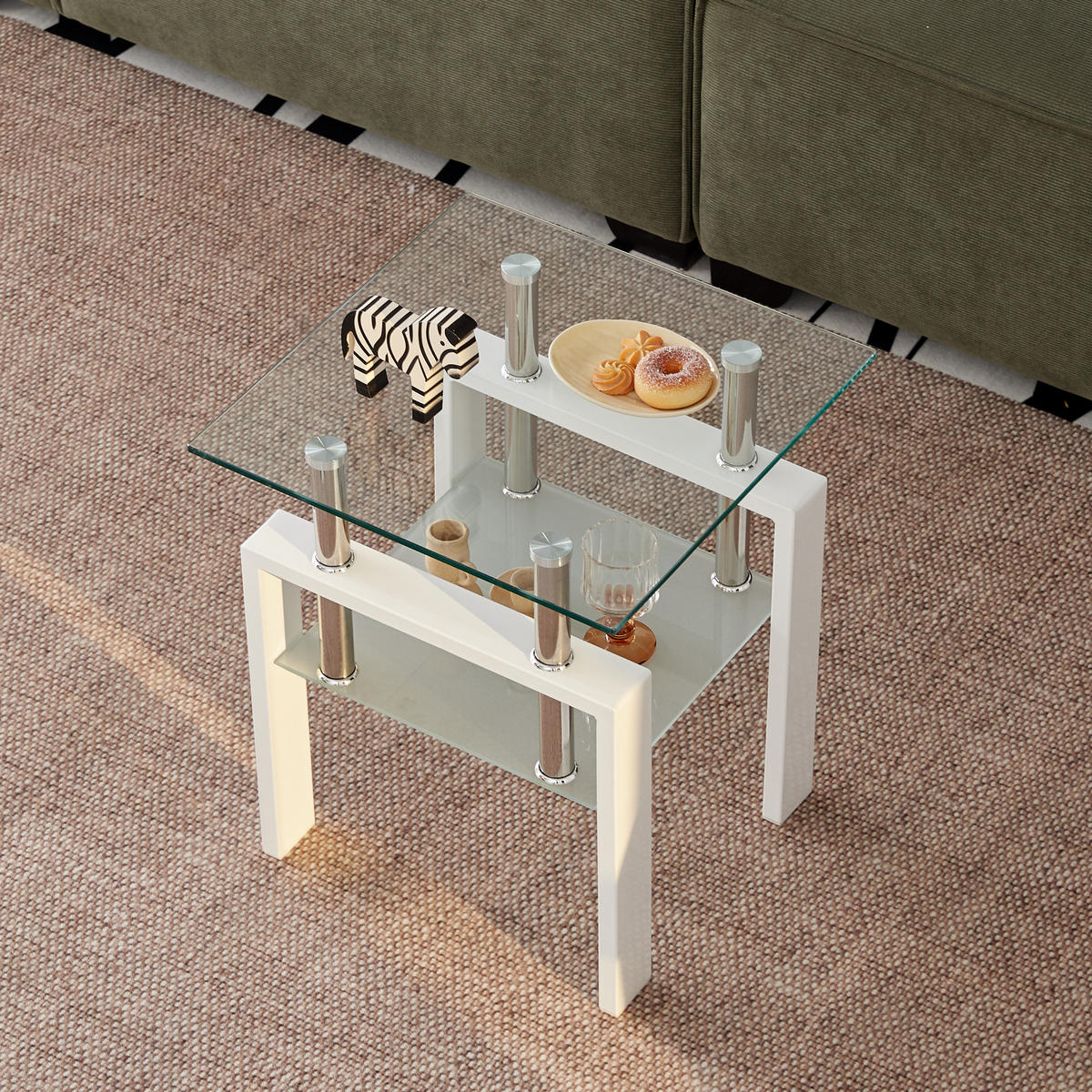BEISTELLTISCH 2er-Set Weiß/Transparent Sicherheitsglas mit 2 Ablagen - Transparent, Glas (45/45/52cm)